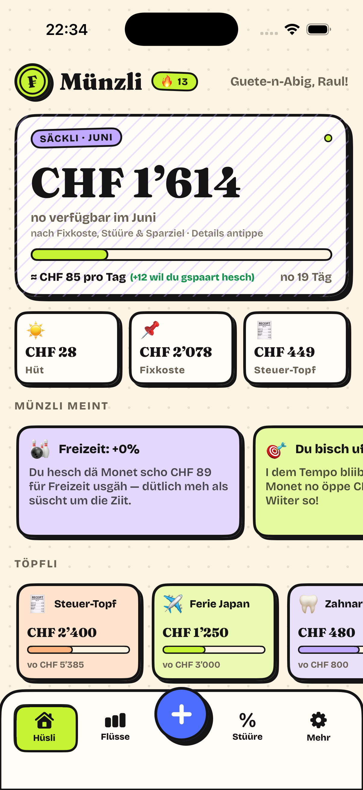 Münzli Dashboard mit Säckli, Töpfli und Insights